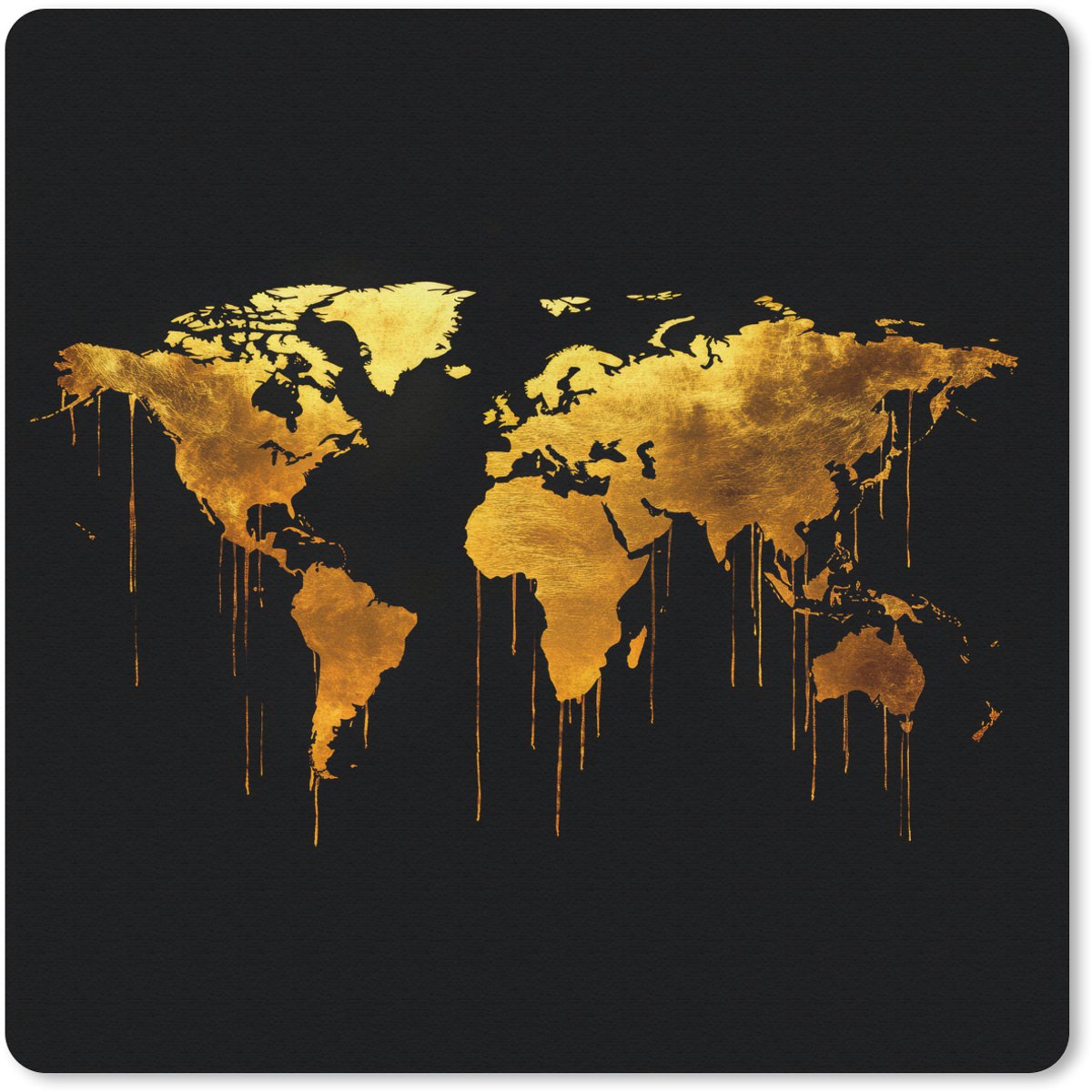 Muismat 20x20 cm - Mousepad Wereldkaart - Goud - Druipen - Zwart - Muismatten