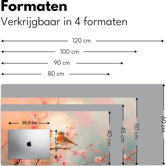 Bureau onderlegger 80x40 cm - Muismat Roodborstjes - Sierlijk - Bloesemtak - Bureaumat - Mousepad XXL - Bureau mat - Muismatten groot - Desk organizer - Bureaulegger