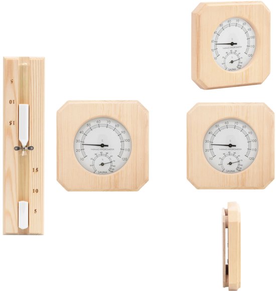 vidaXL Sauna Accessoire - Sauna Accessoires - Sauna Hygrothermograaf - Sauna Thermometer - Saunaset 2-in1 hygrothermograaf en zandloper massief grenenhout