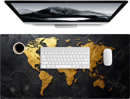 Bureau onderlegger 80x40 cm - Muismat Wereldkaart - Goud - Steen - Bureaumat - Mousepad XXL - Bureau mat - Muismatten groot - Desk organizer - Bureaulegger
