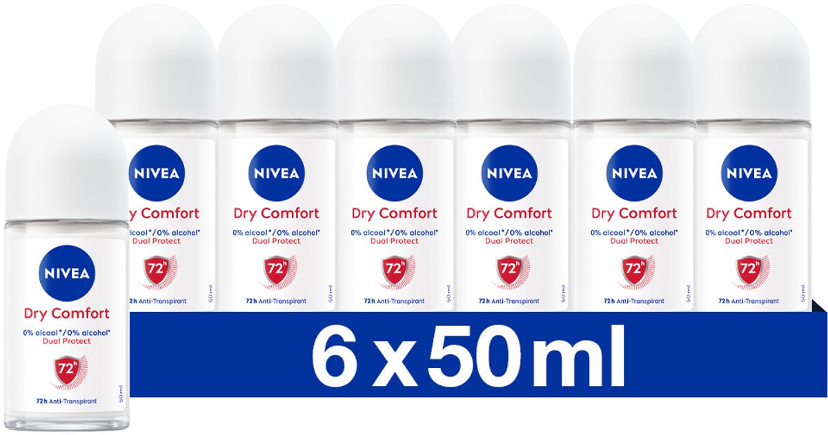 Goedkoopste NIVEA Dry Comfort Anti-Transpirant Deo Roller - Deodorant - 72 uur Bescherming - Quick Dry Deo Dames - Alcoholvrij - Voordeelverpakking - 6 x 50 ml