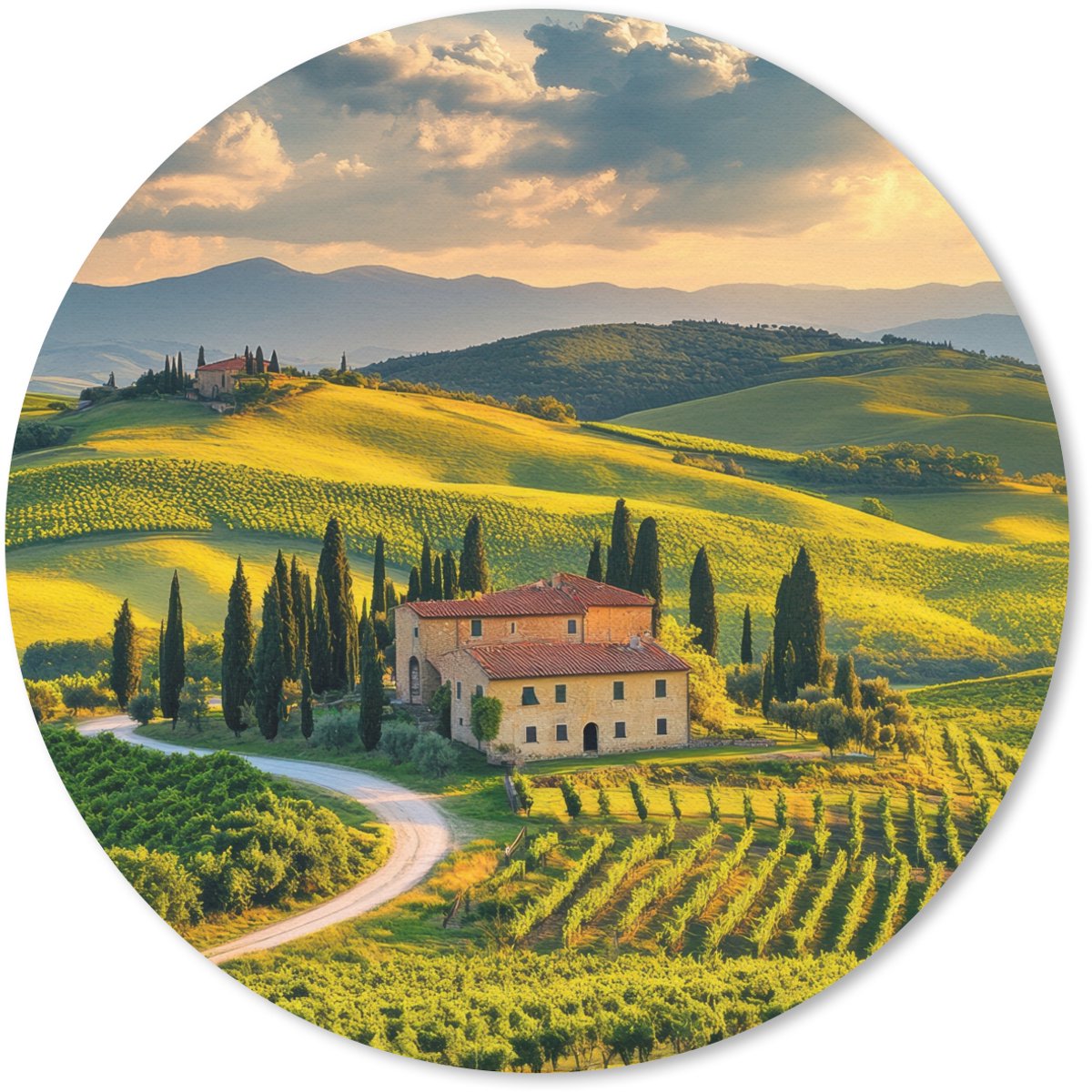 Muismat rond 30x30 cm - Mousepad Toscane - Landschap - Wijngaarden - Ronde muismatten