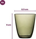 Dimensions d'un verre vert : 9 cm de haut, 8,5 cm de large. Lot de 6.
