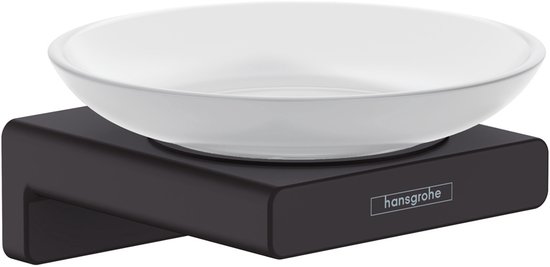 Matzwarte zeepschaal met witte porseleinen schaal, Hansgrohe logo.