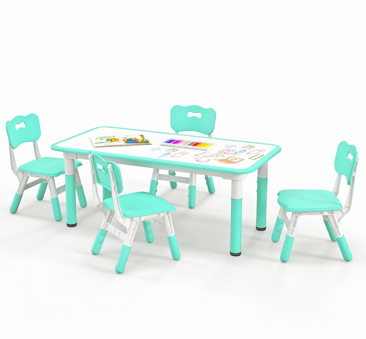 COSTWAY Kindertafel met 4 stoelen, kinderzitgroep, in hoogte verstelbaar, met graffiti-tafelblad, kindertafelstoelset, Maltafel, activiteitstafel voor jongens en meisjes vanaf 18 maanden (groen)