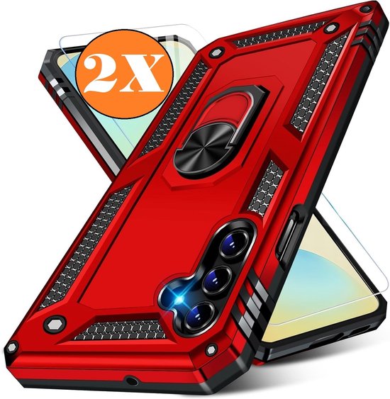 Hoesje Geschikt voor Samsung Galaxy A26 5G Hoesje Rood Anti-Shock Hybrid Armor hoesje Met Draaibare Ring Houder - Samsung A26 Screenprotector 2 pack