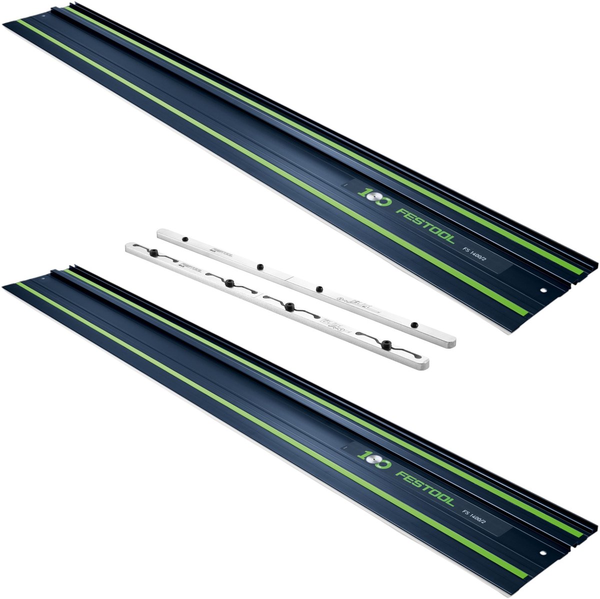 Festool 2x FS 1400/2 BL geleiderail 1400 mm blauw ( 2x 578246 ) 100Y Anniversary Edition + FSV/2 verbindingsstuk ( 577039 )