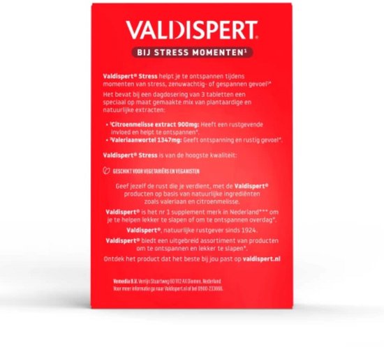 Achterkant van de verpakking 'Valdispert Stress' met ingrediënten en gebruiksinformatie.
