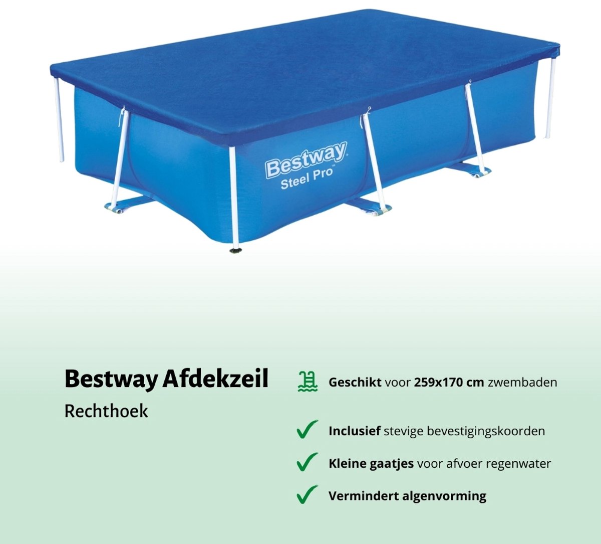 Accessoires voor Bestway Steel Pro Zwembad - 259x170x61 cm - Rechthoekig - Bestway - 56403 - Pomp - Testrips - Afdekzeil - Filter - Chloordrijver - Chloor – foto 6