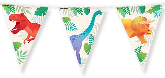 Set de décorations de fête | 8 ballons | 2 lignes de fanions de 10 mètres | thème Dino | Forfait avantage