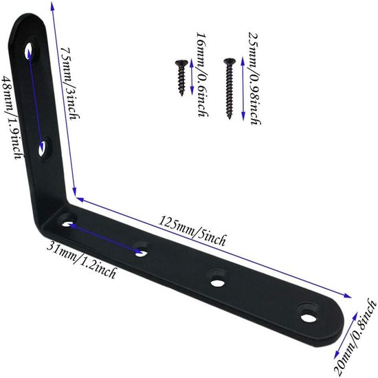 Een zwarte, L-vormige hoekbeugel met afmetingen in millimeters en inches, naast twee schroeven.