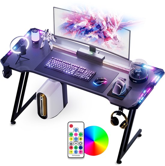 Aufun Gaming Bureau met LED-verlichting, Z-Frame Computertafel, Gamingtafel van 120 x 60 cm PC Bureaumet koptelefoonhaak en drankhouderset