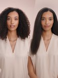 Vrouw met lang, donker, krullend haar naast dezelfde vrouw met lang, donker, steil haar.