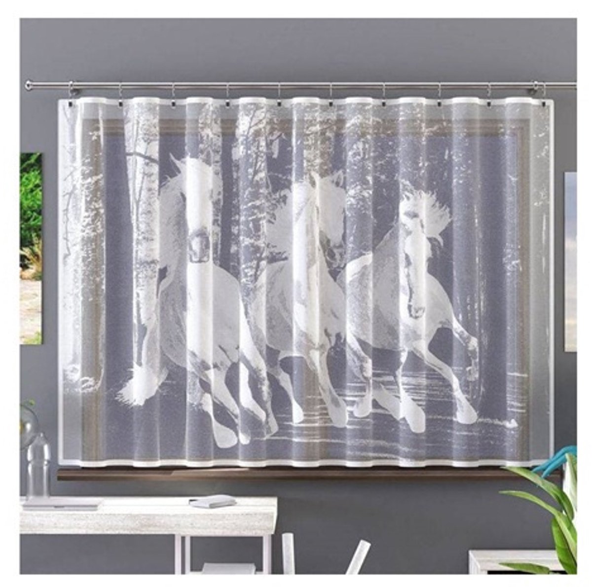 Wisan Paarden jacquard vitrage Gordijn 250x150 cm - Curtains - Jacquardgordijnen-wit- 250 x 150 cm