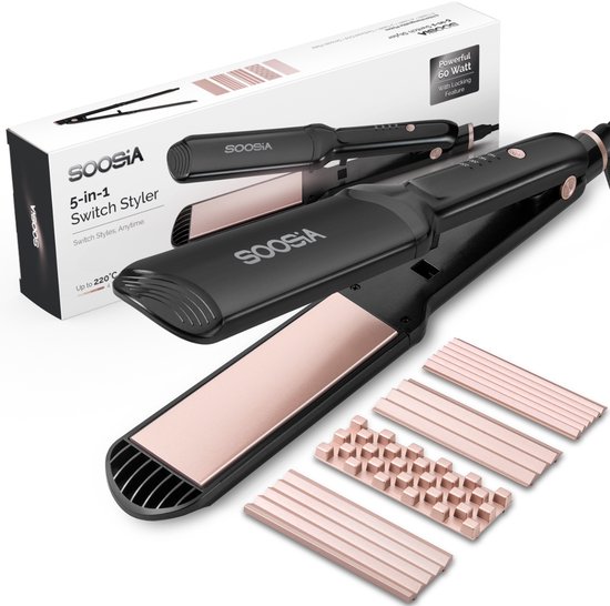 Zwarte Soosia 5-in-1 Switch Styler stijltang met rosegouden platen en diverse verwisselbare platen, verpakt in doos.