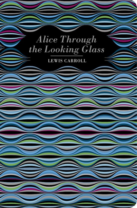 Boek 'Alice Through the Looking Glass' van Lewis Carroll met een zwarte kaft en golvende lijnen in blauw, groen, grijs en paars.