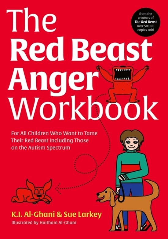 Couverture de 'The Red Beast Anger Workbook' sur fond rouge, avec le titre, un robot rouge en colère, un garçon avec un chien et un chien rouge.