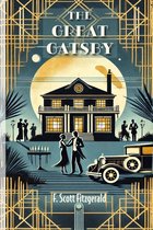 Boekomslag van The Great Gatsby met een art deco-stijl, toont een landhuis, een stel dat danst, mensen en een auto bij maanlicht.