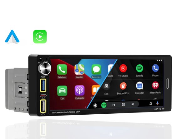 Boscer 1Din Autoradio Universeel - 6,9 Inch HD Touchscreen - Apple Carplay & Android Auto (Draadloos) - Bluetooth, USB, USB-C & MP5 - AHD Achteruitrijcamera, Stuurwieladapter & Externe Microfoon