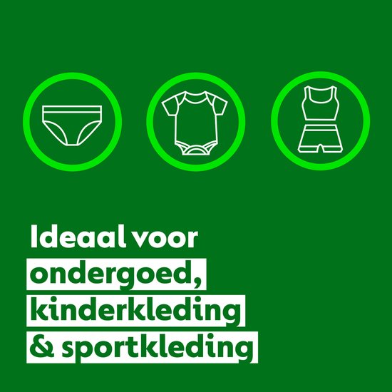 Trois dessins au trait blancs : sous-vêtements, body bébé, soutien de sport avec short, dans des cercles verts. Texte : 'Idéal pour lingerie, vêtements d'enfants & de sport'.