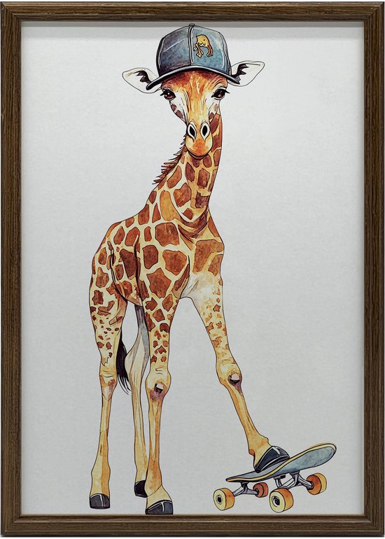 Gouden Frame Wandposter Giraf Op Skateboard 50X70 Cm