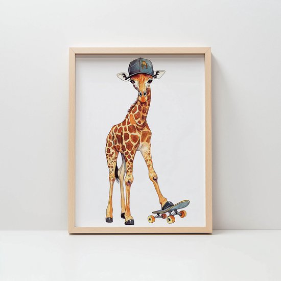 Gouden Frame Wandposter Giraf Op Skateboard 50X70 Cm