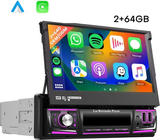 Boscer BSCR-A4076 1DIN Autoradio 7″ HD IPS Handmatig Uitschuifbaar Scherm Android 15 GPS Bluetooth WiFi Apple CarPlay Android Auto AHD Camera