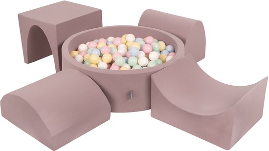 KiddyMoon Foam speeltuin PPZP-OK30D-135 met ballen heide: pastelblauw-pastelgeel-wit-mint-poederroze zwembad 300/kalebas/tunnel/oprit L/semi-schaal