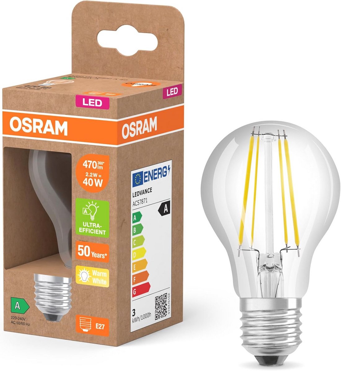 Heldere LED-lamp in klassieke gloeilampvorm, E27 fitting, 2,2 W, 470 lm - Energiezuinig en duurzaam