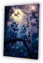 Magische uilen bij volle maan - Uilen canvas schilderij - Muurdecoratie canvas dieren - Surrealistisch - Landelijke schilderijen - Slaapkamer decoratie - canvas 75x100 cm