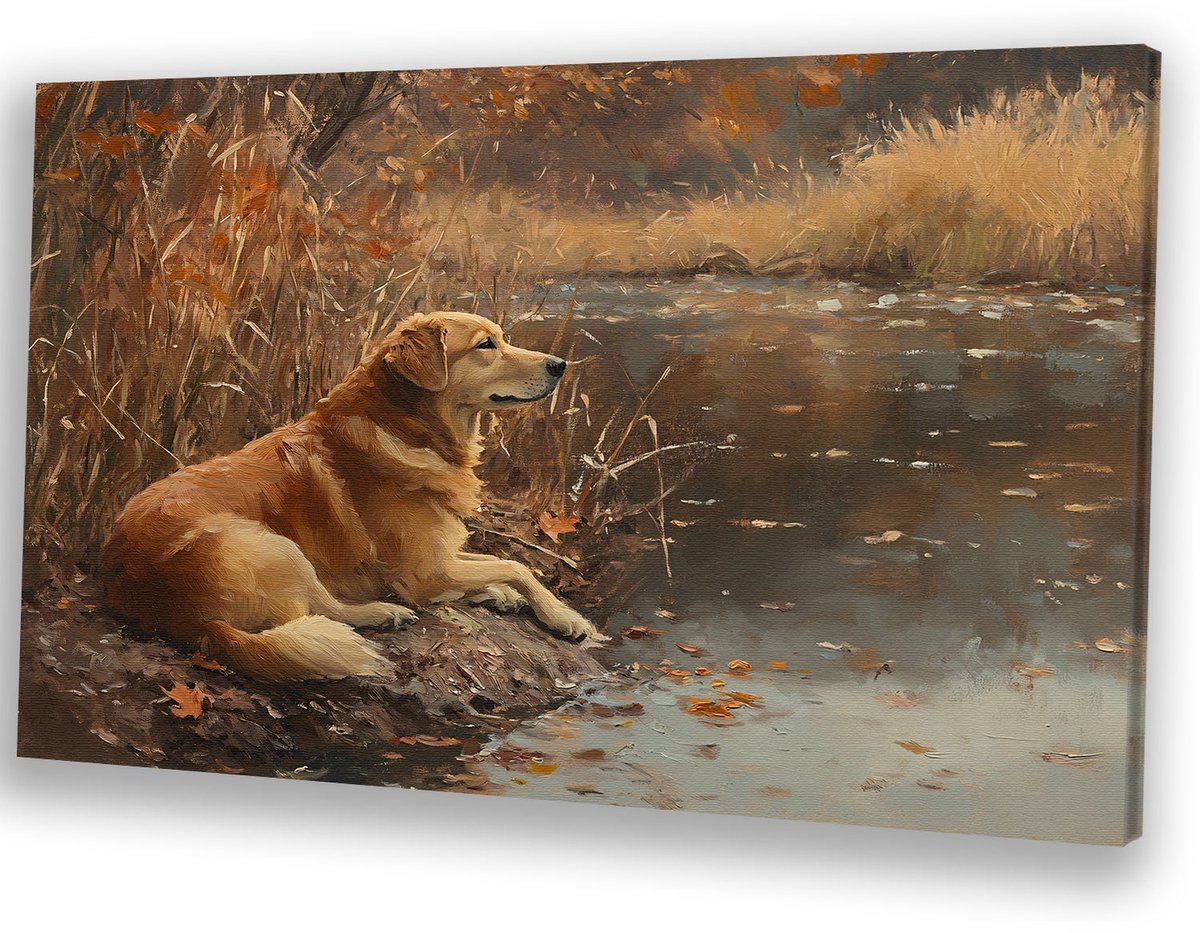 Rustende hond bij het water - Hond canvas schilderij - Muurdecoratie canvas dier - Realist