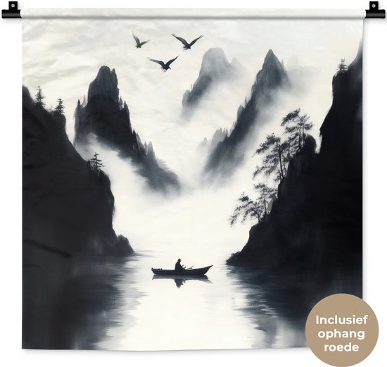 Tapisserie murale 60x60 cm - Toile murale Bateau à rames - Brumeux - Montagnes - Vogels - Tapisserie - Tapisseries