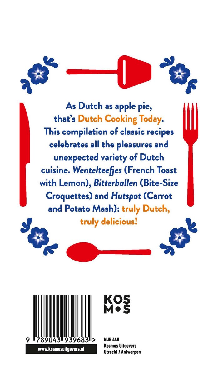 Achterkant van "DUTCH COOKING TODAY" met recepten en Delfts blauw.