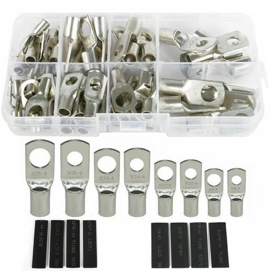 Cosses de câble - Ensemble de 140 pièces - 60 cosses de câble avec 80 gaines thermorétractables - Bornes de câble - Extrémités de câble - SC6-6 / SC6-8 / SC10-6 / SC10-8 / SC16-6 / SC16-8 / SC25-6 / SC25-8 - Cuivre - Argent