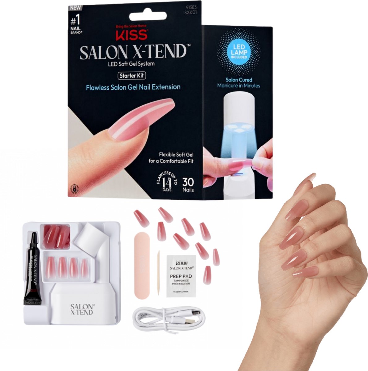 KISS Salon X-Tend Gelnagel Starterset - Incl. lamp lijm en tools - Gelnagels verlengen - 30 delig