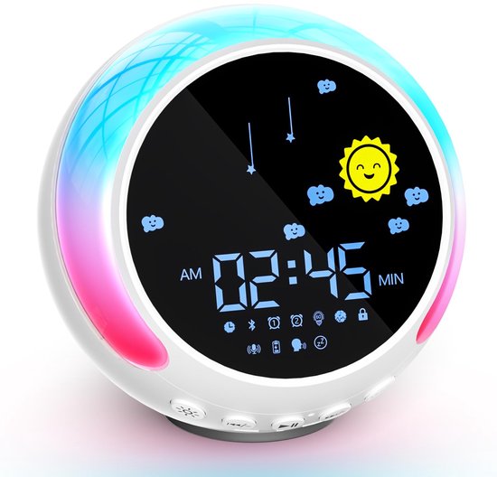 Digitale wekker - Wekker kinderen - Slaaptrainer - Nachtlampje - Bluetooth snooze wekker voor kinderen met white noise - dimbare - 11 lichtkleuren - met luidspreker en opnamefunctie - Lichtwekker voor schoolbeginners - Slaapwekker