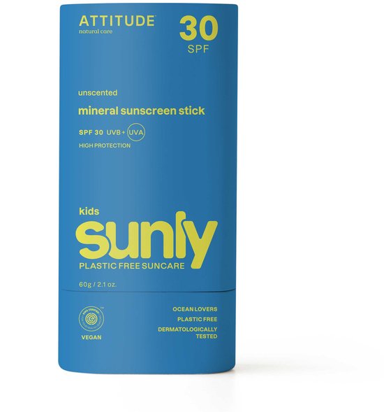 Blauwe tube met ATTITUDE logo, '30 SPF', 'unscented mineral sunscreen stick', 'SPF 30 UVB + UVA', 'kids', 'sunly', 'plastic free suncare'.