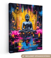 Canvas schilderij 30x40 cm - Exclusieve wanddecoratie Buddha - Bloemen - Kaarsen - Geel - Muurdecoratie woonkamer - Slaapkamer decoratie - Kamer accessoires - Schilderijen op canvas