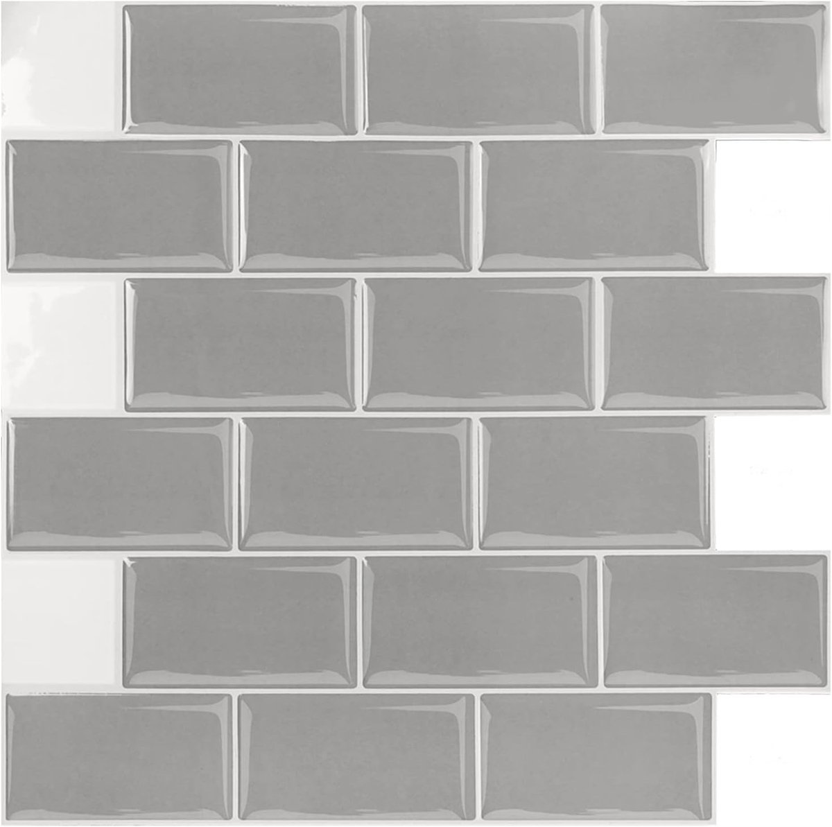 Aufun 3D Tegel Sticker 30cm x 30cm,10 Stuks Keuken Badkamer Metro Tegels PVC Zelfklevende Tegels Met Glanzend, Zelfklevend Waterdicht, Wandtegel Decor (Grijze)