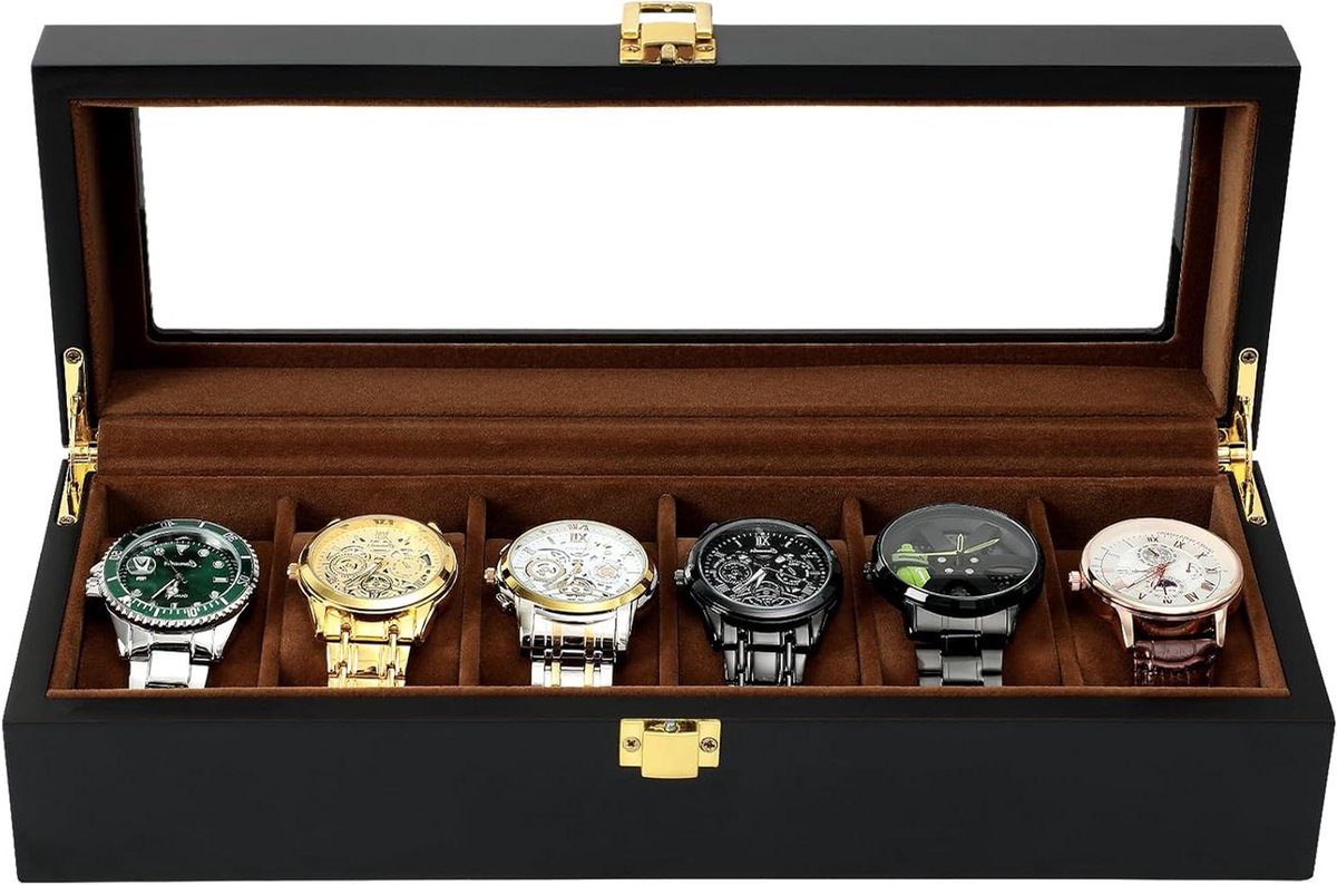6-Sleuven Houten Horloge Organizer Doos met Echt Glazen Blad - Sieraden Opslag Vitrine voor Mannen, Vader, Echtgenoot, Jongen Vriend