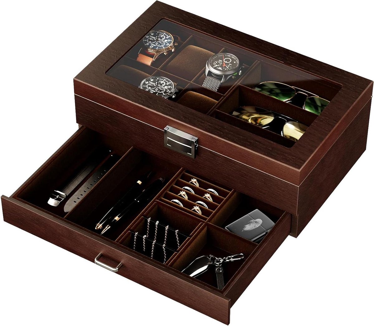 Sieraden doos voor heren 2-laags horlogehouder en zonnebril box organizer met helder glazen blad en opberglade - Espresso