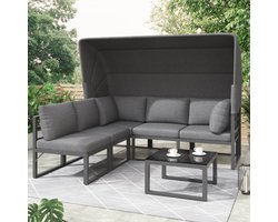 Tuin lounge stoel set, Iron Sunny Island zitgroep kruk en tafel met luifel set van 4 balkon en tuin lounge meubels terras meubels weerbestendig grijs inclusief alle kussens