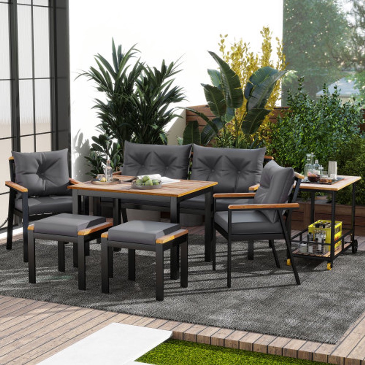 Acaciahouten eettafel en stoelenset, tuinmeubilair, 6-7 persoons tuin eettafel en stoelenset met fauteuils en afneembare eetkar, afneembare en wasbare stoffen hoes Acaciahouten eettafel en stoelenset, tuinmeubilair, 6-7 persoons tuin eettafel en stoelenset met fauteuils en afneembare eetkar, afneembare en wasbare stoffen hoes - Afbeelding 1