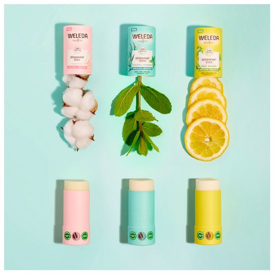 Drie deodorantsticks in roze, groen en geel, met katoen, munt en citroenschijfjes. Twee sticks liggen boven, drie onder.