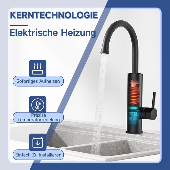 Elektrische waterkraan met doorstroomboiler, roestvrij staal, 3,3 kW Elektrische verwarming, kranen met geïntegreerde boiler, directe boiler, Smart Heater, led-temperatuurweergave