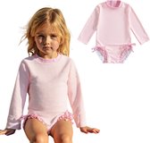 Joya Kids® Badpak Lange Mouw Licht Roze met Streepjes en Roze Ruches Meisjes | Zwempak met ruches UV Badpak | Zwempak Lange Mouw UV Bescherming Streep | Meisje Bikini Zomer | Kinderbadpak Peuter | Maat 6-12 Maanden