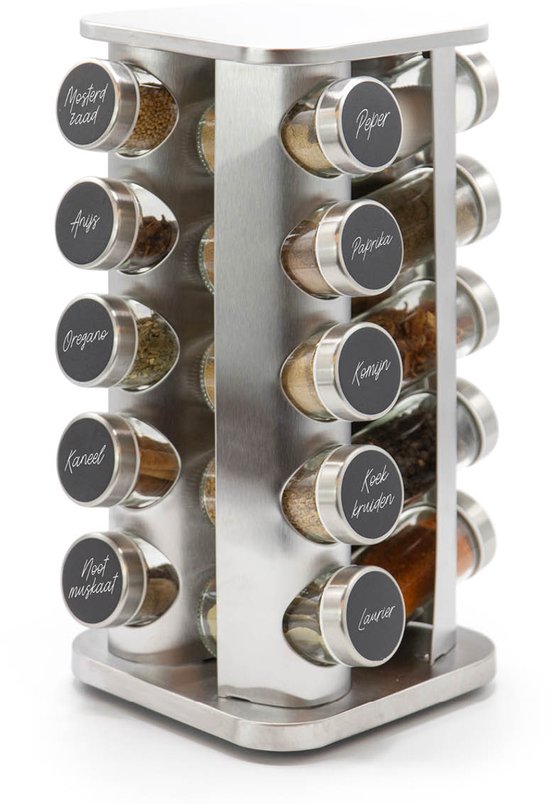 George Napoli Étagère à épices rotative – Droite – Pots d'herbes aromatiques – Carrousel à épices – 20 Pots d'herbes aromatiques – Carré Argent – Acier inoxydable – Organiseur de comptoir