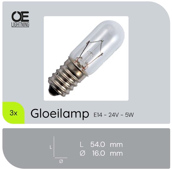 Drie gloeilampen, E14 fitting, 24V, 5W. Afmetingen: L 54mm, Ø 16mm.