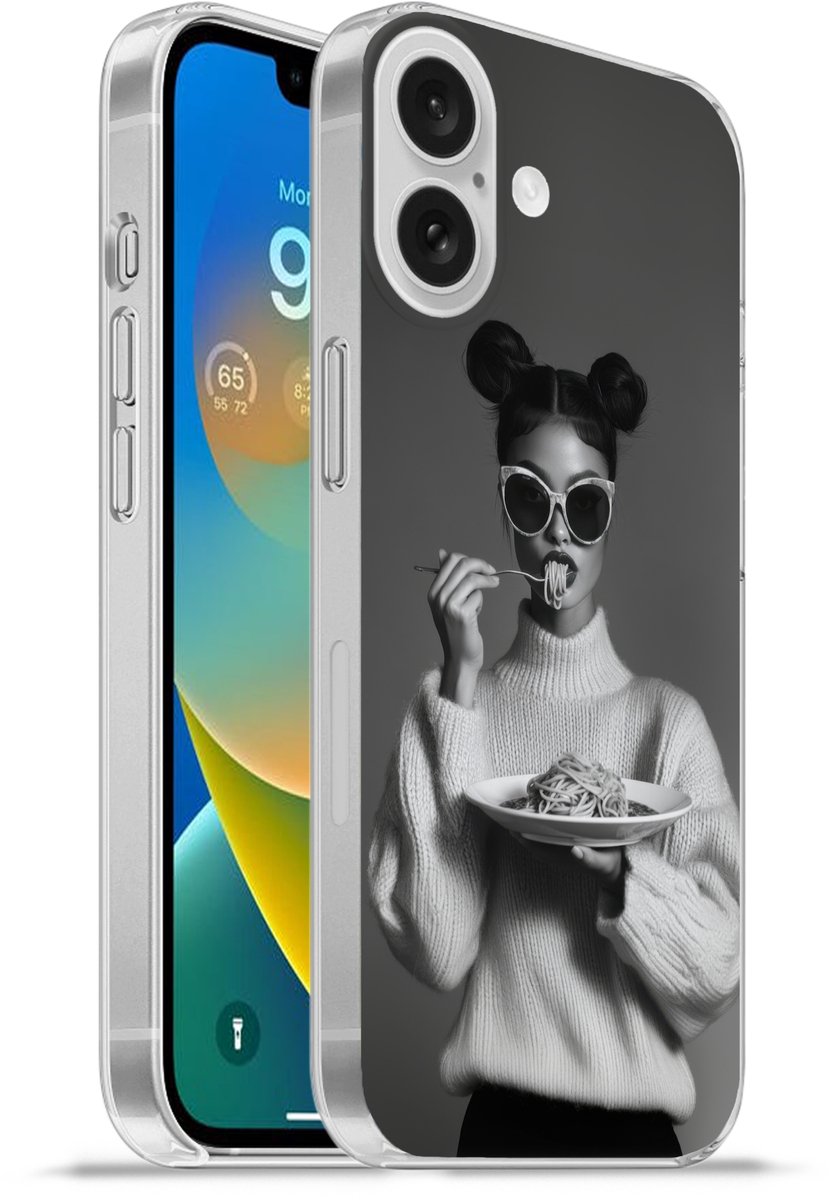 Telefoonhoesje Geschikt voor Apple Iphone 16 hoesje - Vrouw - Pasta - Zonnebril - Siliconen Telefoonhoesje Telefoonhoesje