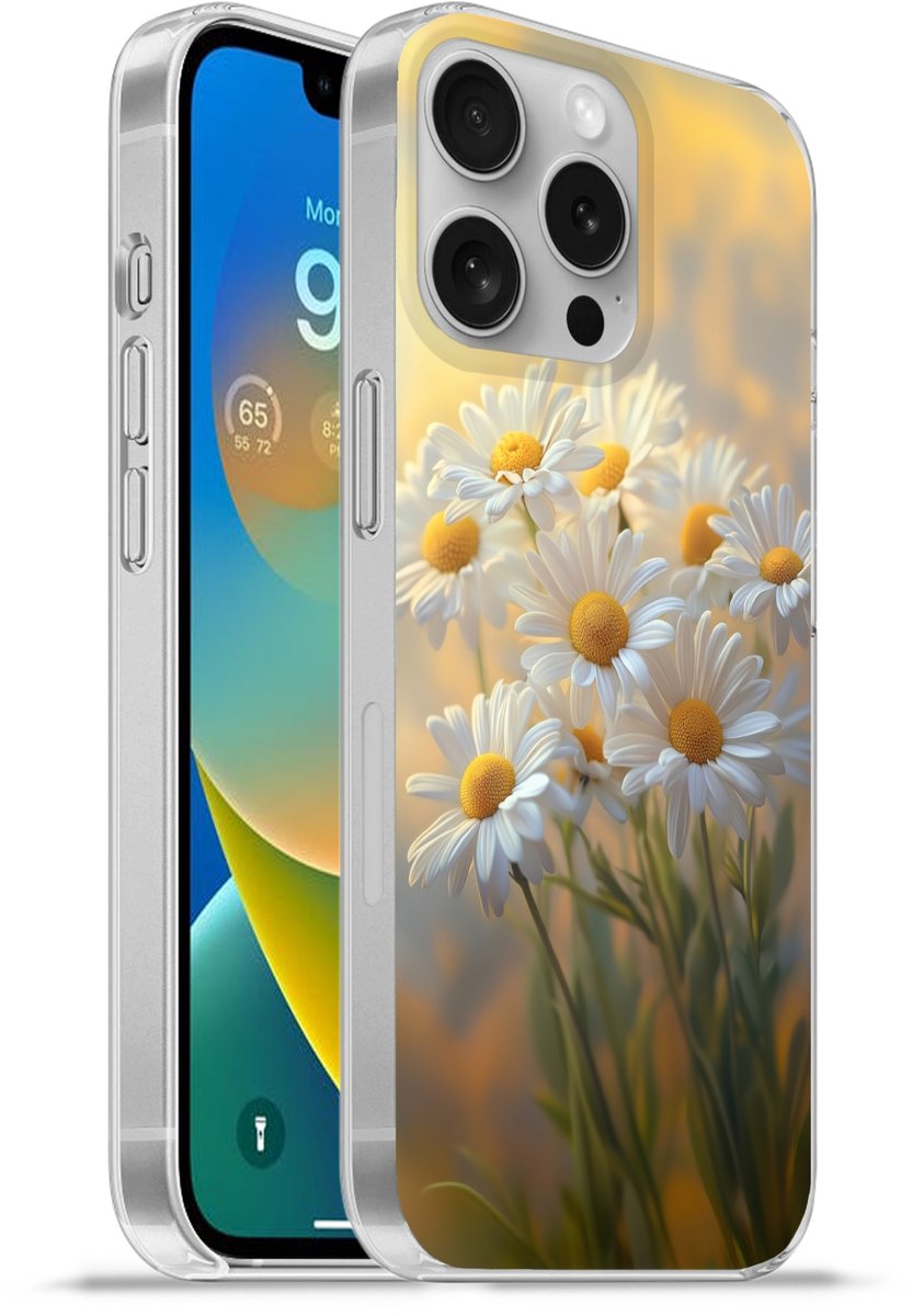 Telefoonhoesje Geschikt voor Apple Iphone 16 Pro hoesje - Madeliefjes - Wit - Zonlicht - Siliconen Telefoonhoesje Telefoonhoesje